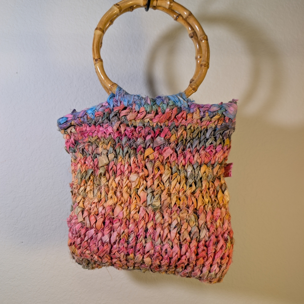 Boho Hand-Knit Silk Ribbon Mini Bag with Bamboo Handles